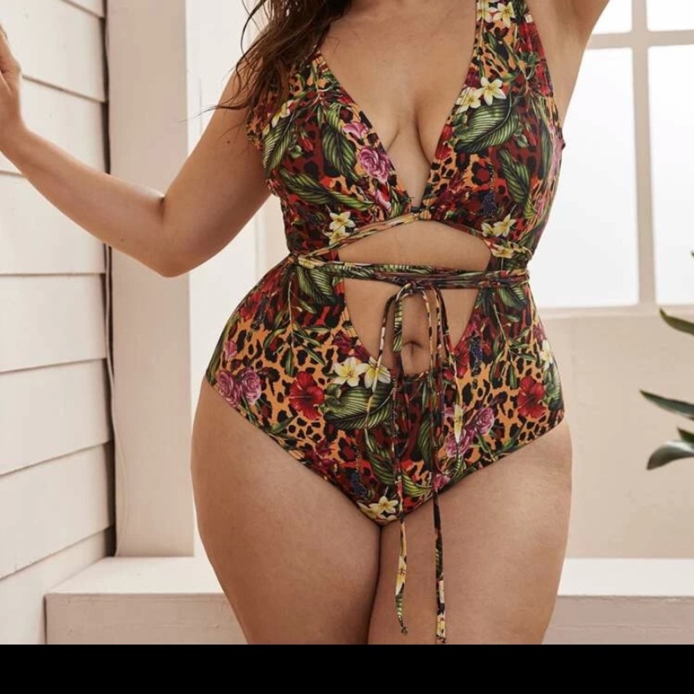 Plus Leopard & Floral Backless One Piece Swim